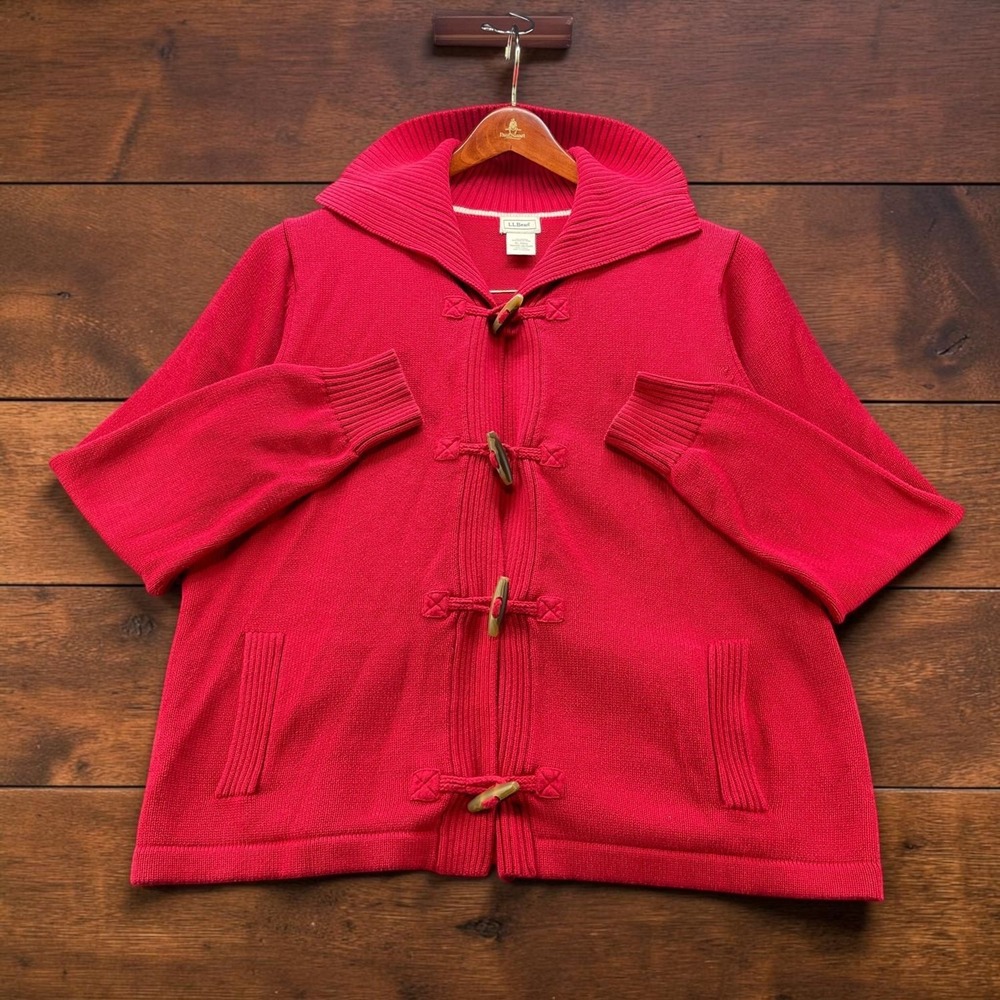 LL Bean Womens XL Red Cotton Toggle Cardigan Sweater Shawl Collar Pockets
